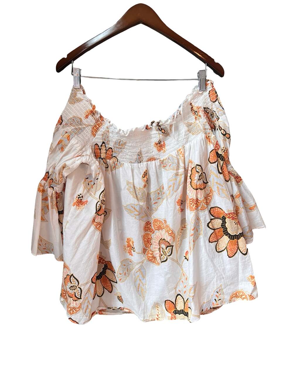 Lauren Conrad Off-The-Shoulder Smocked Floral Bell Sleeve Top XL - Picture 3 of 3